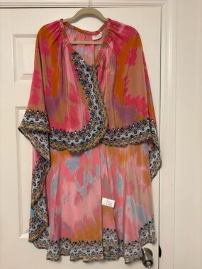Camilla Silk Kaftan Cover Up One Size Pink Print Embellished Resort Dress